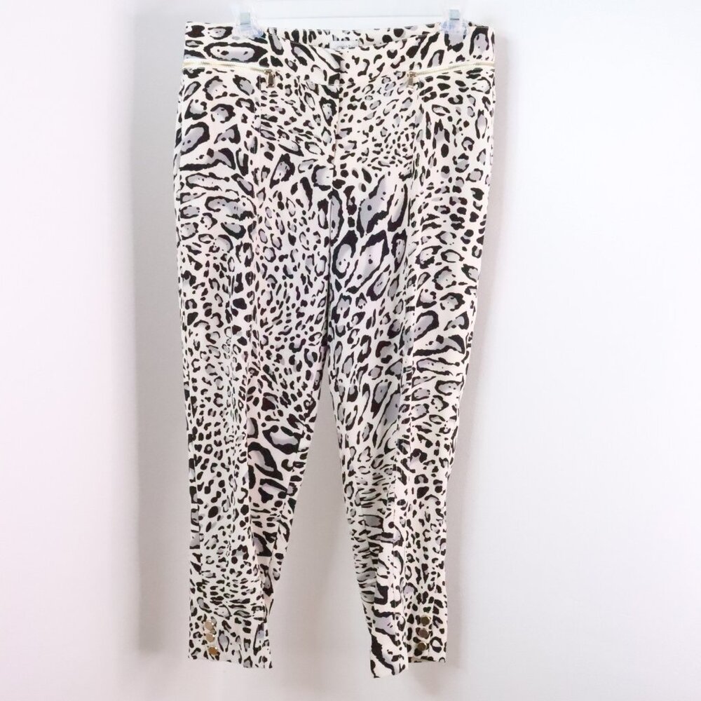 New Cache Women's 10 White Gray Leopard Print Cropped Ankle Dress Pants